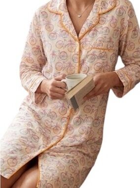 NWT Rock Flower Paper Cream Bicycle Print Nightshirt with Orange Trim